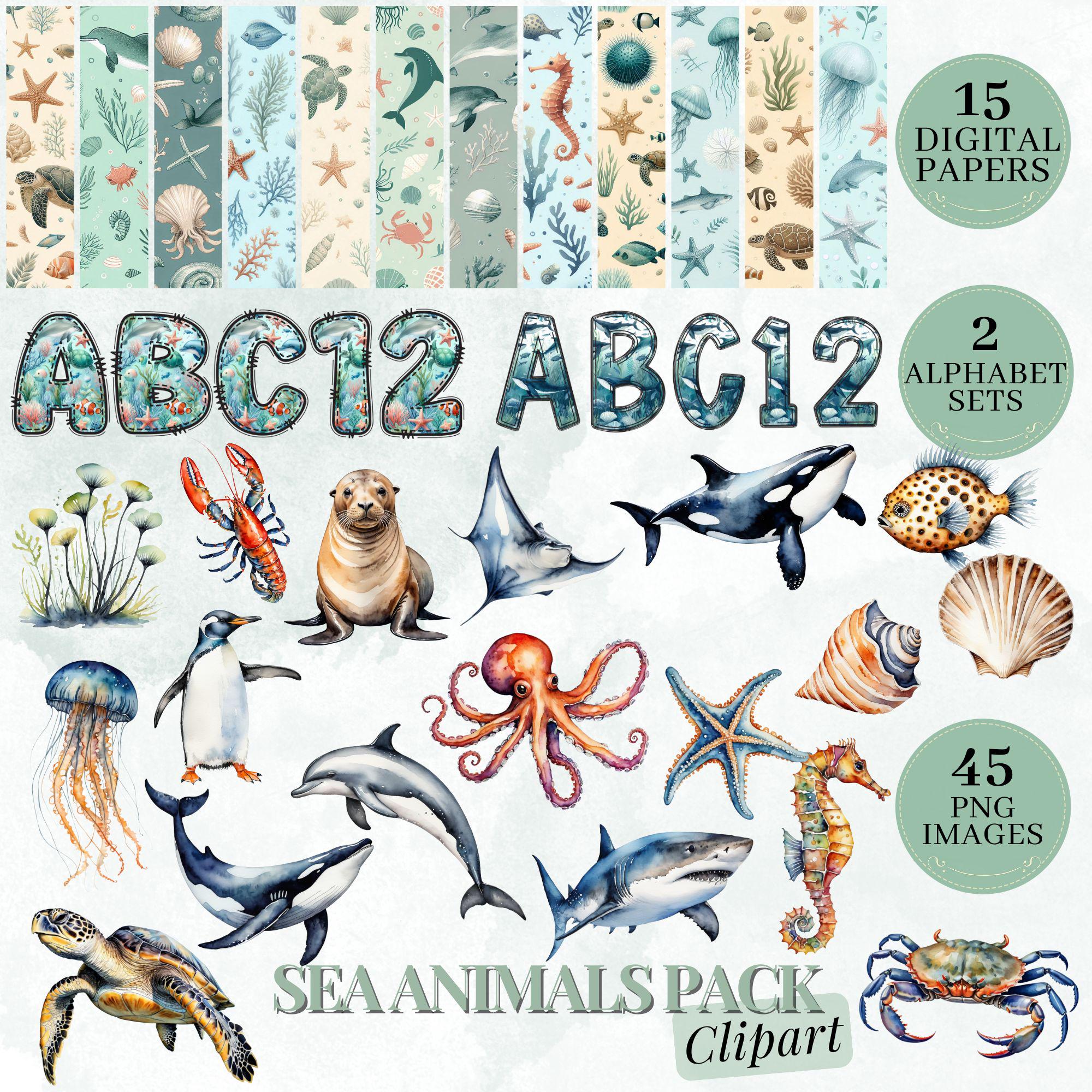 Watercolor Sea Life Clipart Bundle, Ocean Animals, Alphabet, Seamless Papers (PNG)