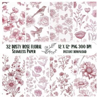 32 Chinoiserie Floral Seamless Patterns, Vintage Toile de Jouy Watercolor Digital Papers, French Scrapbook and Junk Journal Backgrounds