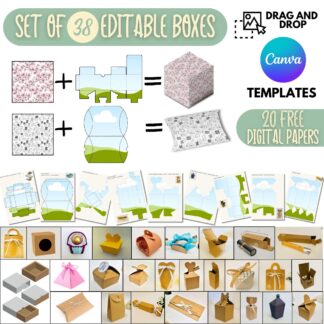 Canva Gift Box Templates Bundle, Editable Favor Box Designs + Digital Papers, Printable Gift Packaging, DIY Party Boxes Set