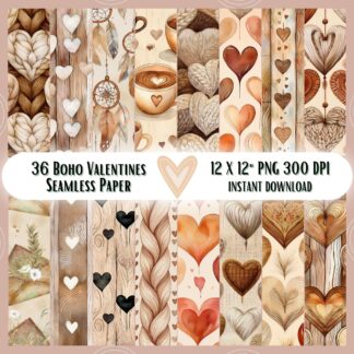 Valentines Seamless Pattern, Cozy Cottage Boho Digital Paper, Watercolor Hearts Background, Romantic Love Pattern, Printable Paper Pack