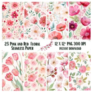 Watercolor Floral Seamless Patterns | Pink & Red Vintage Designs (Digital Download)