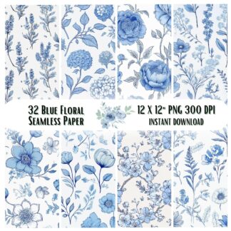 32 Chinoiserie Floral Seamless Patterns | Vintage Blue Watercolor Flowers | French Toile de Jouy Digital Papers for Scrapbooking & Crafts