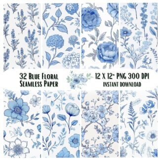 32 Chinoiserie Floral Seamless Patterns | Vintage Blue Watercolor Flowers | French Toile de Jouy Digital Papers for Scrapbooking & Crafts