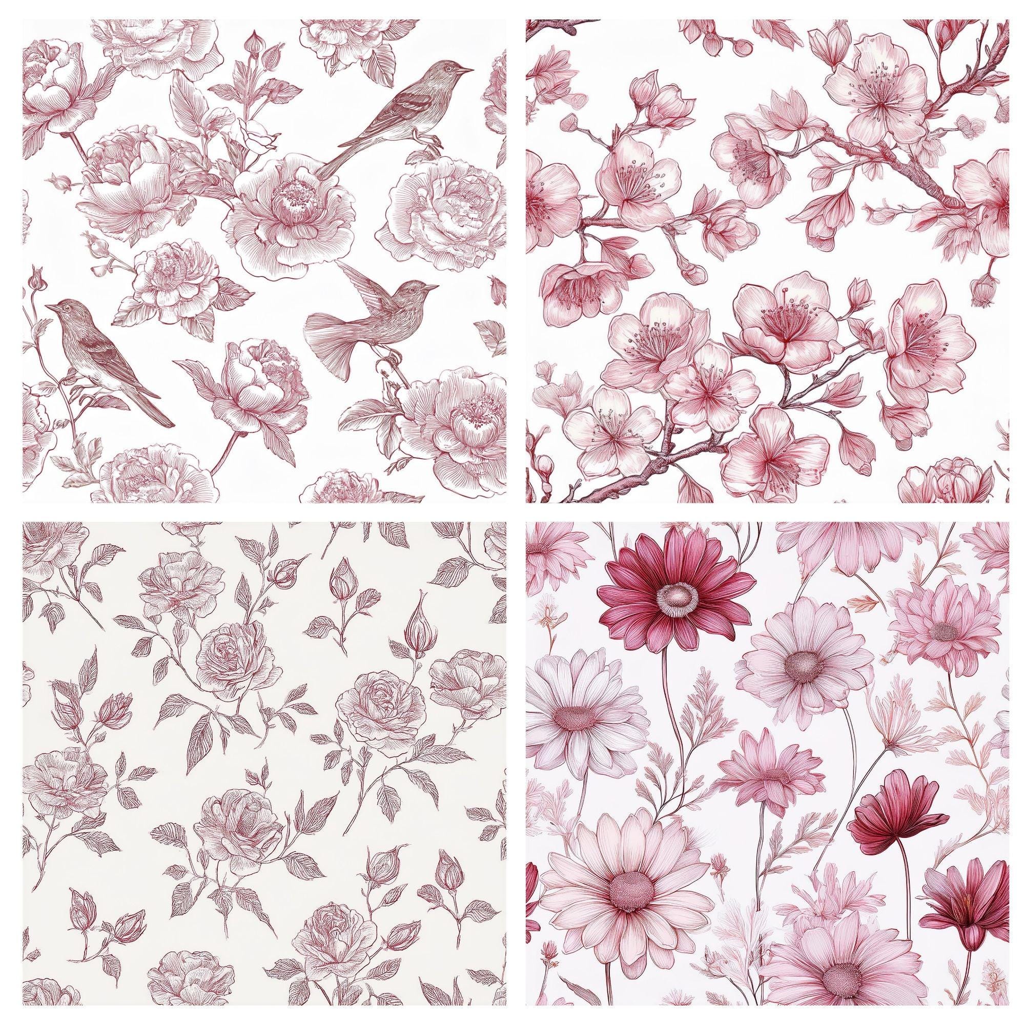 32 Chinoiserie Floral Patterns, Vintage Toile de Jouy, Watercolor Scrapbook Paper (Digital Download) - Image 3