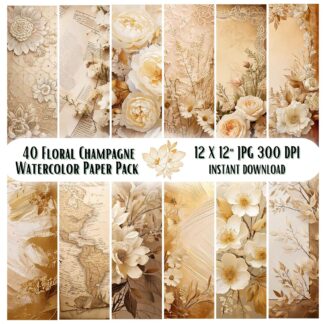 Champagne Floral Digital Paper Pack, Beige Watercolor Lace Backgrounds, Shabby Chic Wedding Scrapbook Papers, Printable Boho Ephemera