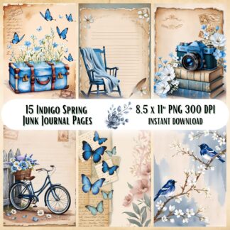Indigo Spring Junk Journal Kit, Vintage Printable Ephemera, Shabby Chic Scrapbook Paper, Boho Floral Digital Collage Pages Set