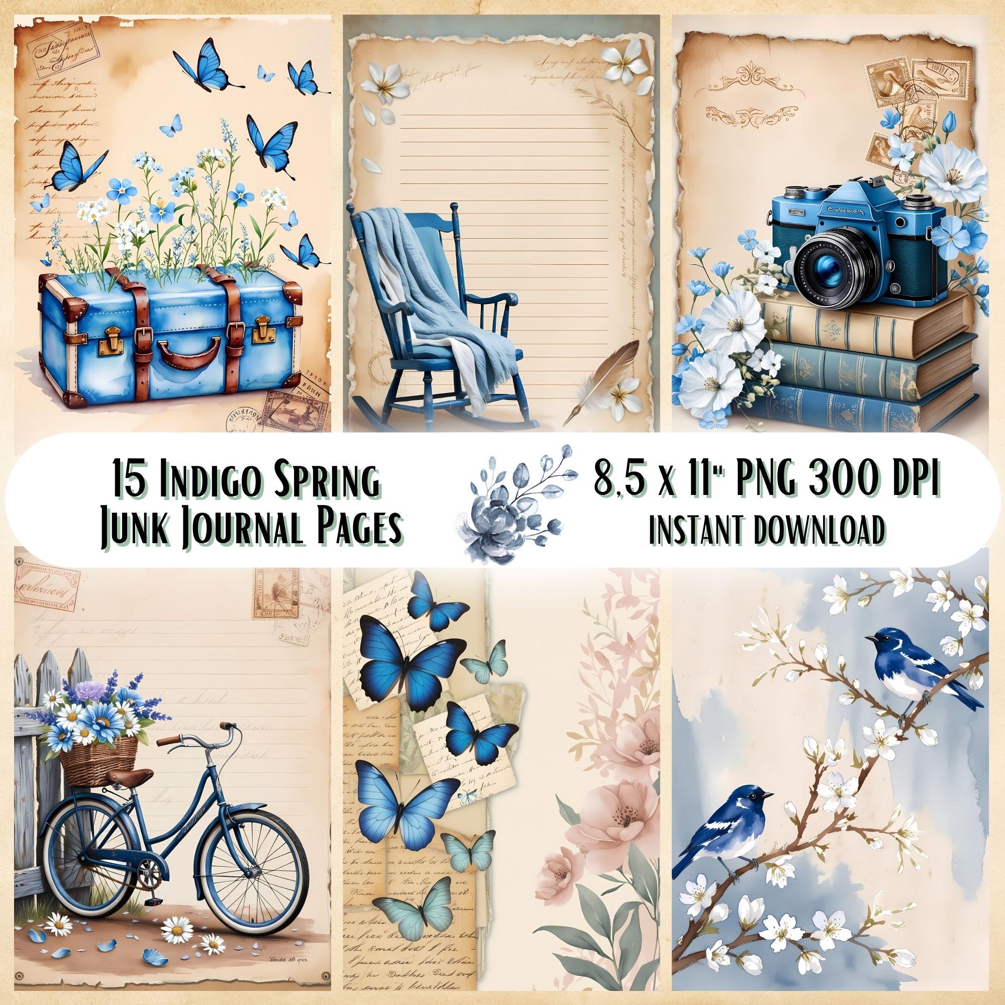 Indigo Spring Junk Journal Kit, Vintage Printable Ephemera, Shabby Chic Scrapbook Paper, Boho Floral Digital Collage Pages Set