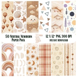 50 Neutral Baby Digital Papers | Boho Newborn Nursery Ephemera | Printable Baby Shower Pages for Junk Journal, Scrapbooking & Card Making