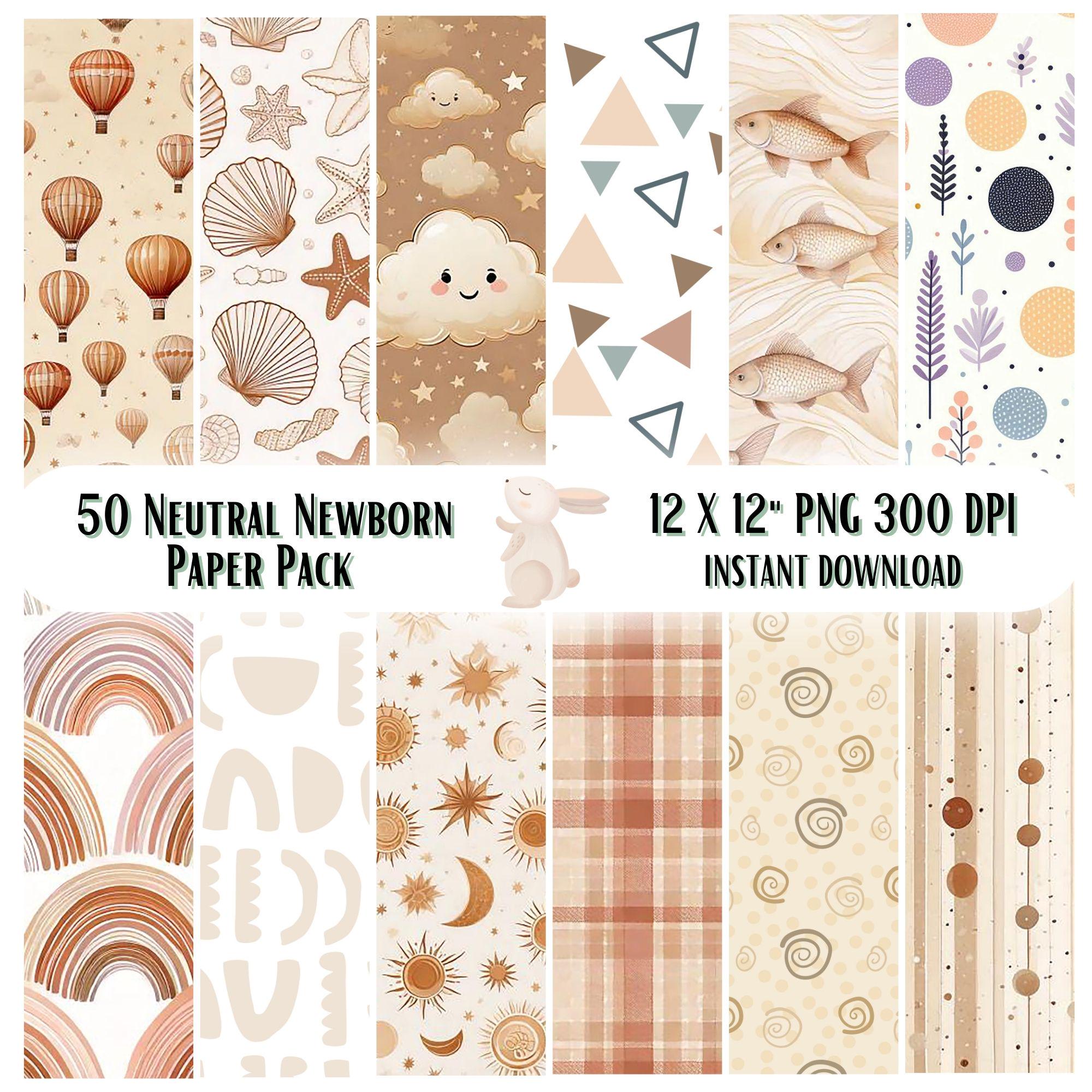 50 Neutral Baby Digital Papers | Boho Newborn Nursery Ephemera | Printable Baby Shower Pages for Junk Journal, Scrapbooking & Card Making