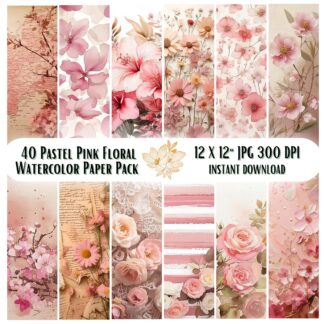 40 Pastel Pink Floral Digital Papers | Blush Rose Watercolor Backgrounds | Dusty Rose Shabby Chic Lace Patterns for Scrapbooking & Crafts