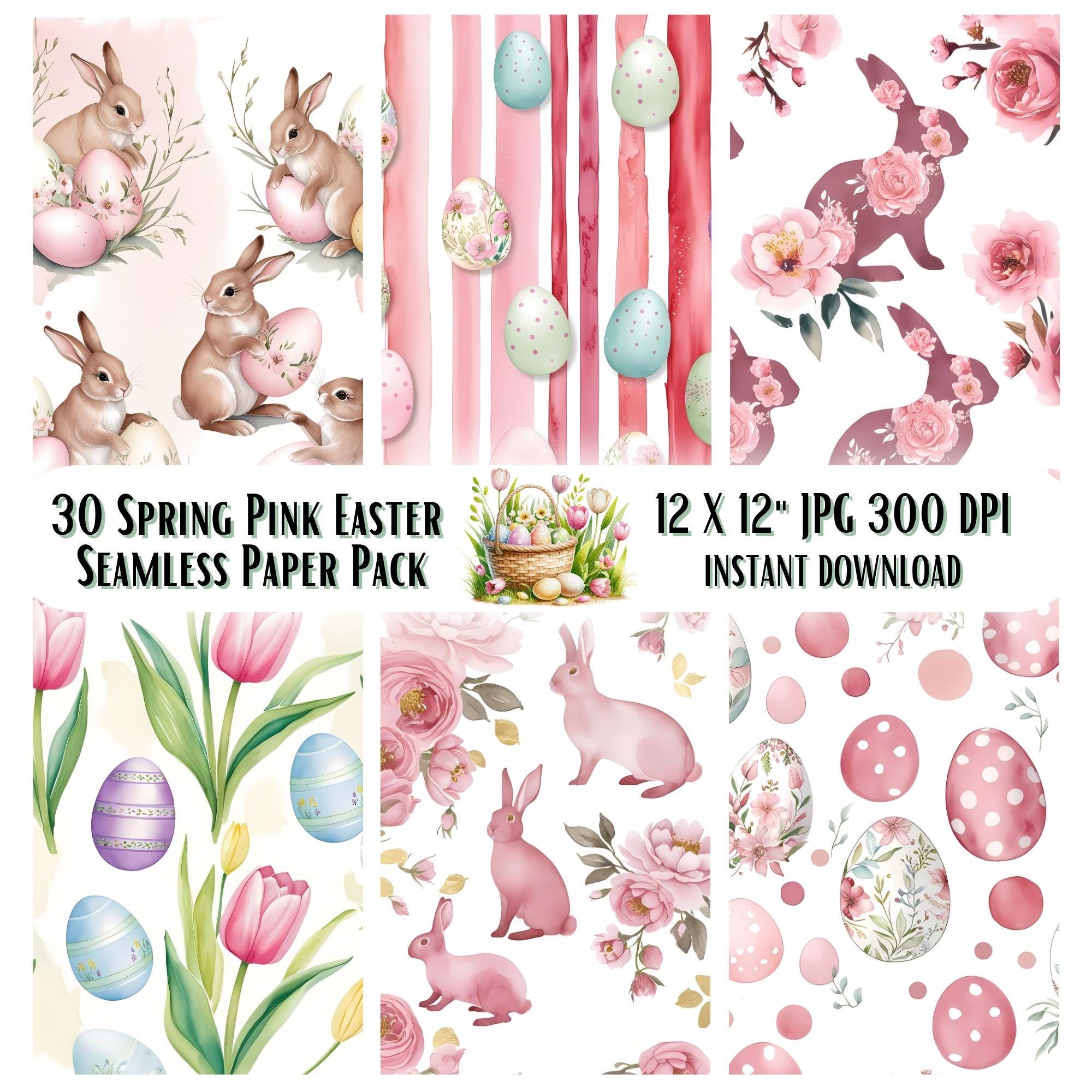 Pink Easter Seamless Pattern, Boho Floral Watercolor Digital Paper (JPG)