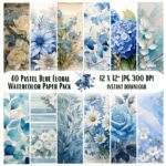 Pastel Blue Floral Paper Pack, Watercolor Scrapbook Backgrounds (Digital Download)