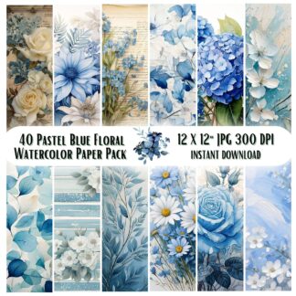 Pastel Blue Floral Digital Paper Pack, Blue Rose Watercolor Backgrounds, Romantic Wedding Scrapbook Papers, Printable Floral Set