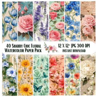 Shabby Chic Floral Digital Paper Pack, 40 Seamless Vintage Rose Backgrounds, Cottagecore Scrapbook Papers, Printable Boho Journal Set