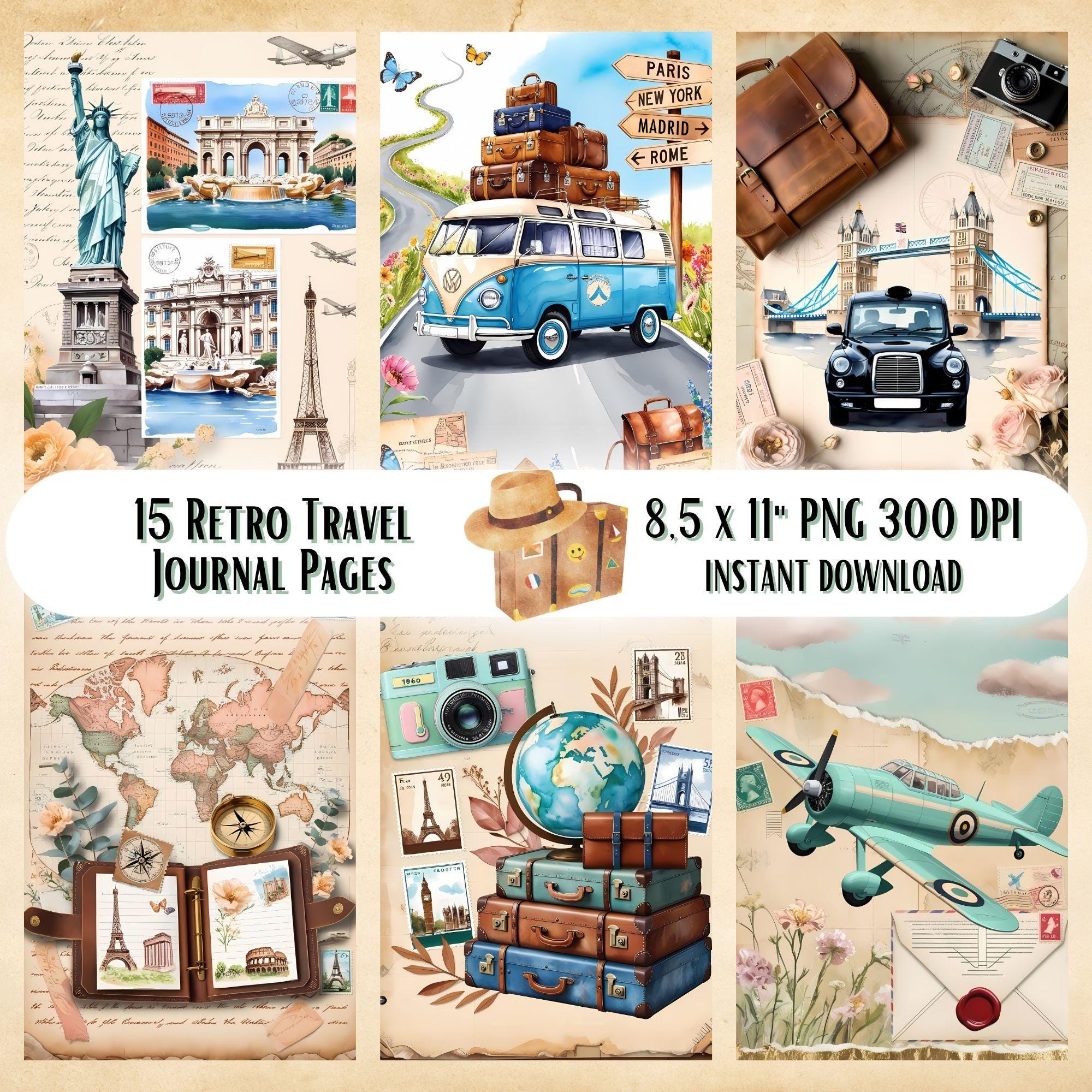 Vintage Travel Junk Journal Kit | Retro Ephemera, Scrapbook Paper (Digital Download)