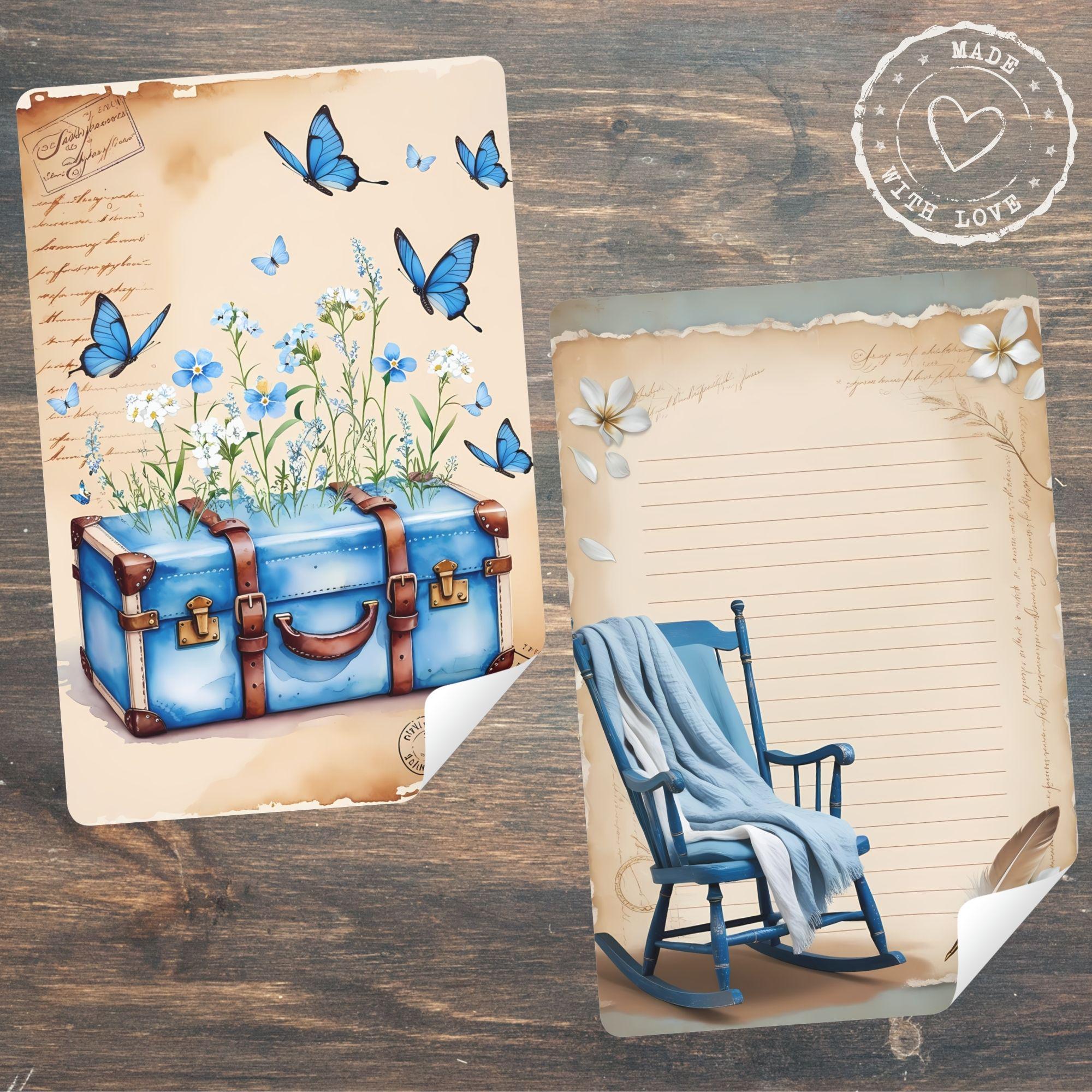 Indigo Spring Junk Journal Kit, Vintage Printable Ephemera, Shabby Chic Scrapbook Paper, Boho Floral Digital Collage Pages Set - Image 2