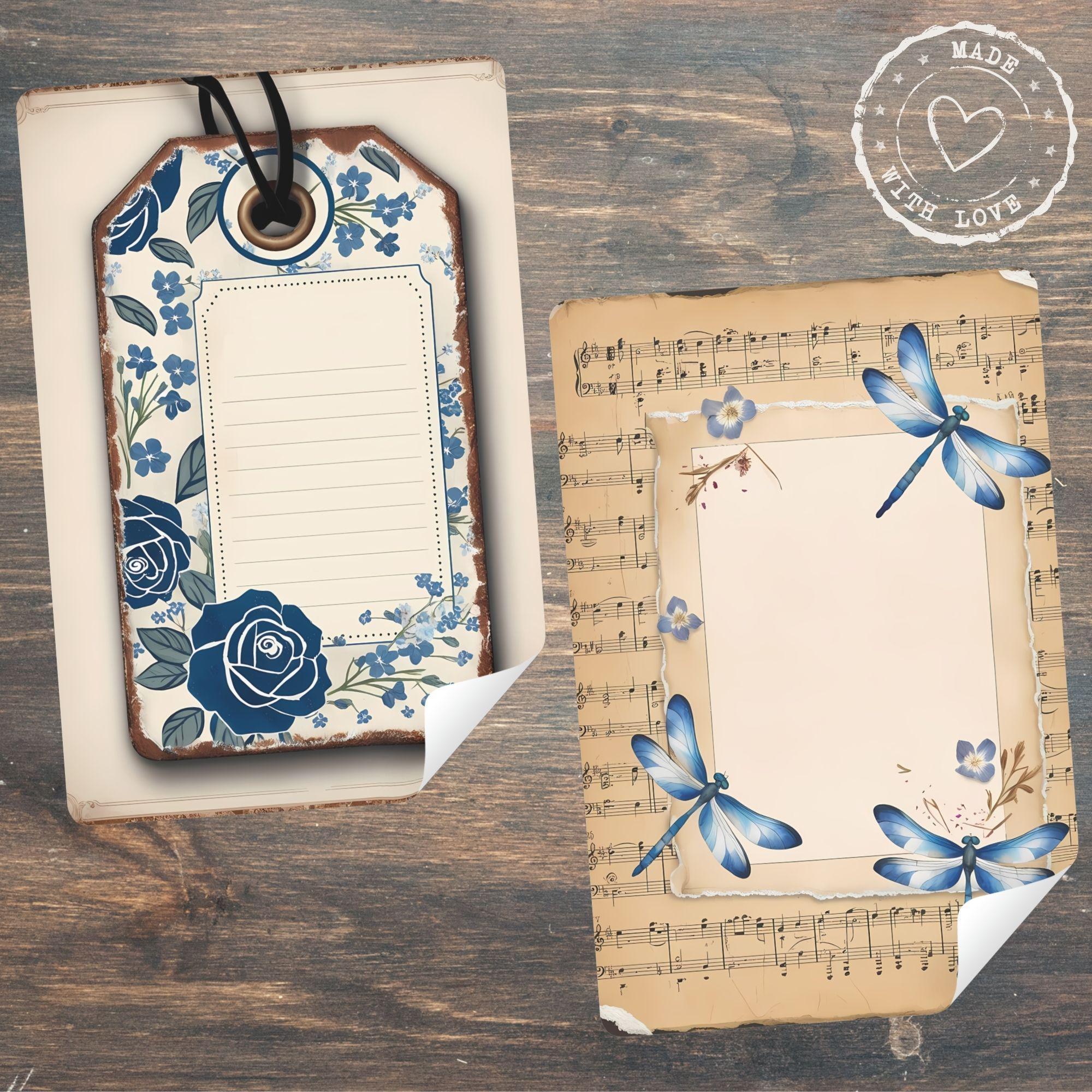 Indigo Spring Junk Journal Kit, Vintage Printable Ephemera, Shabby Chic Scrapbook Paper, Boho Floral Digital Collage Pages Set - Image 5