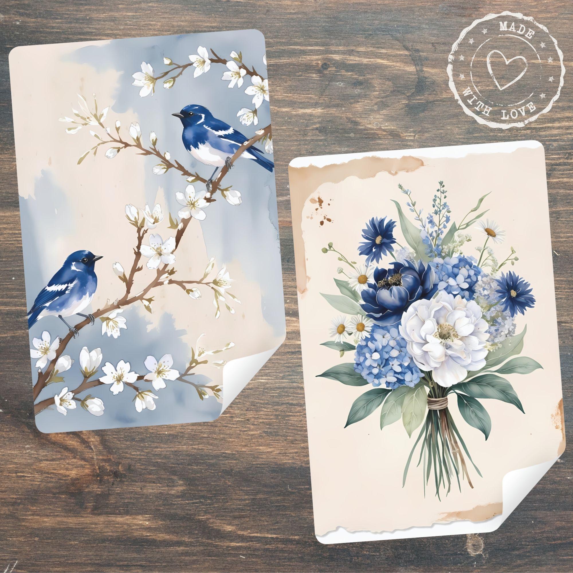 Indigo Spring Junk Journal Kit, Vintage Printable Ephemera, Shabby Chic Scrapbook Paper, Boho Floral Digital Collage Pages Set - Image 4