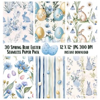 Blue Easter Seamless Pattern, Boho Floral Digital Paper, Bunny Egg Background, Watercolor Pastel Spring Printable, Easter Scrapbook Papers