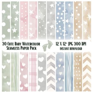 30 Baby Pastel Digital Papers Bundle, Seamless Watercolor Patterns in Soft Colors, Nursery Scrapbook Backgrounds, Printable Baby Pack