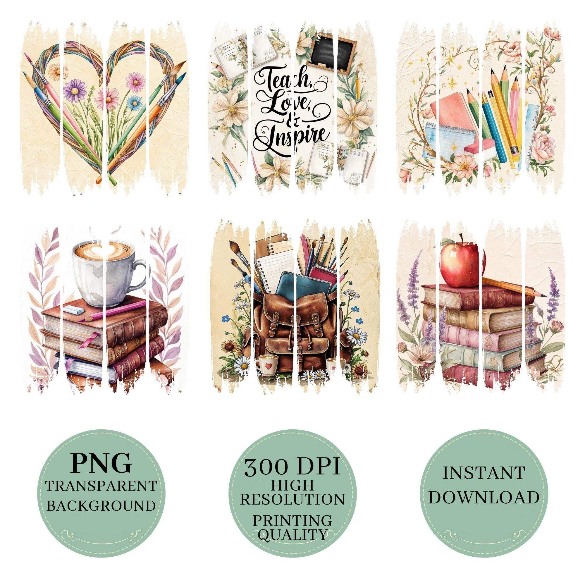 Retro Teacher PNG Clipart, Boho Brushstroke, School Elements (Digital Download) - Image 2