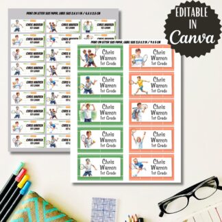 Set of Tennis Printables Labels for Kids, Editable School Name Tags, Tennis School Labels, Digital Download, Back to school, Canva