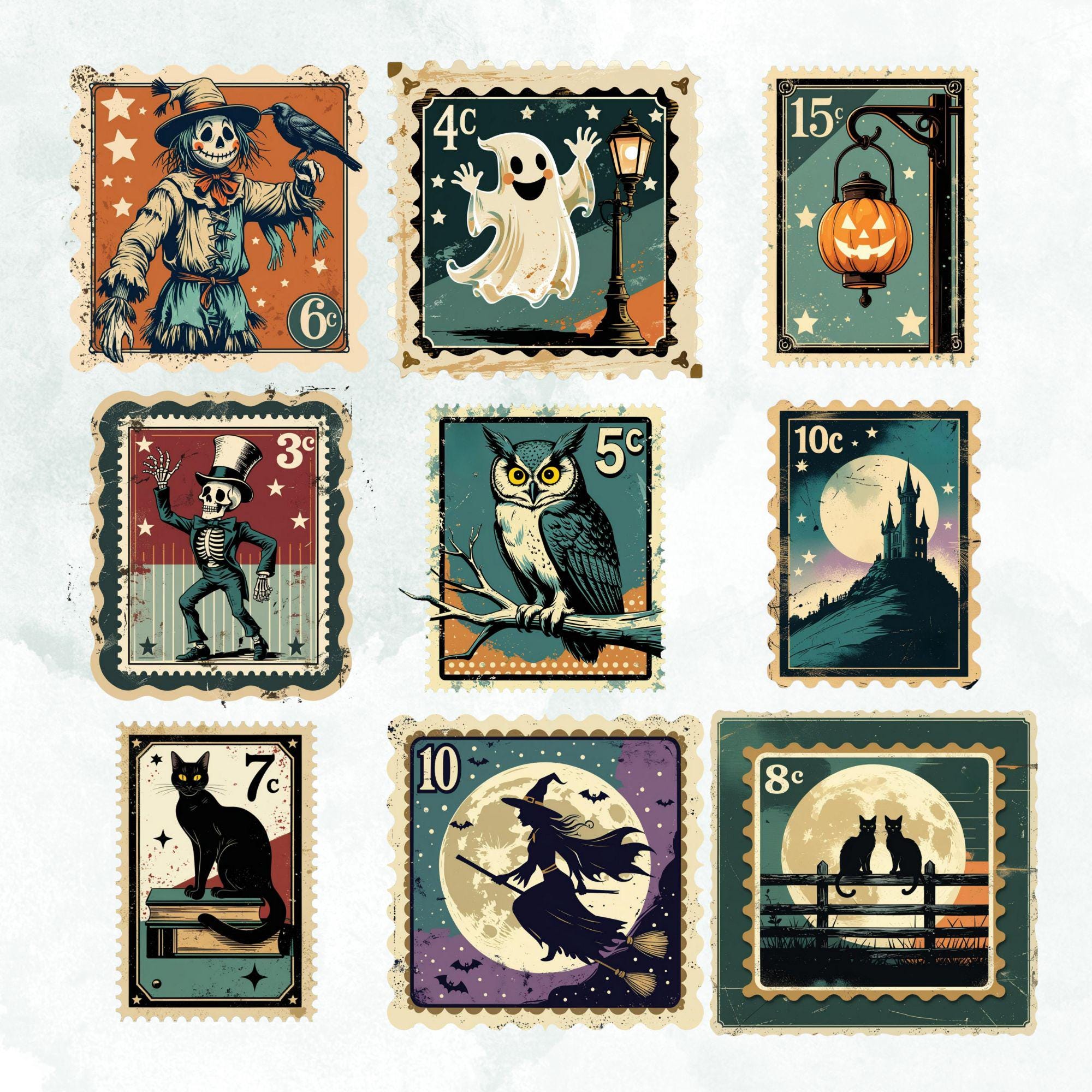 Vintage Halloween Stamp Clipart Bundle, Spooky Retro PNG (Digital Download) - Image 4
