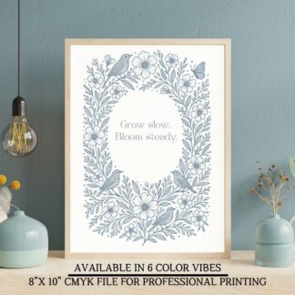 Grow Slow Bloom Steady Botanical Wall Art Positive Quote Floral Print Vintage Aesthetic Decor Minimalistic Manifestation Poster Trendy Gift