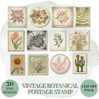 Vintage Botanical Stamp Clipart Set for Journals and Crafts