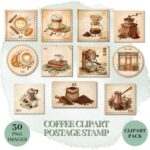 Vintage Boho Coffee Stamp Clipart Set with Cozy Café Scenes Barista Tools and Designs for Creative Journaling