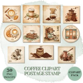 Vintage Boho Coffee Stamp Clipart Set with Cozy Café Scenes Barista Tools and Designs for Creative Journaling