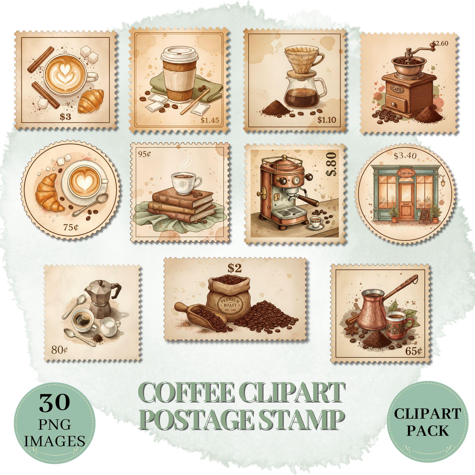 Vintage Boho Coffee Stamp Clipart Set with Cozy Café Scenes Barista Tools and Designs for Creative Journaling