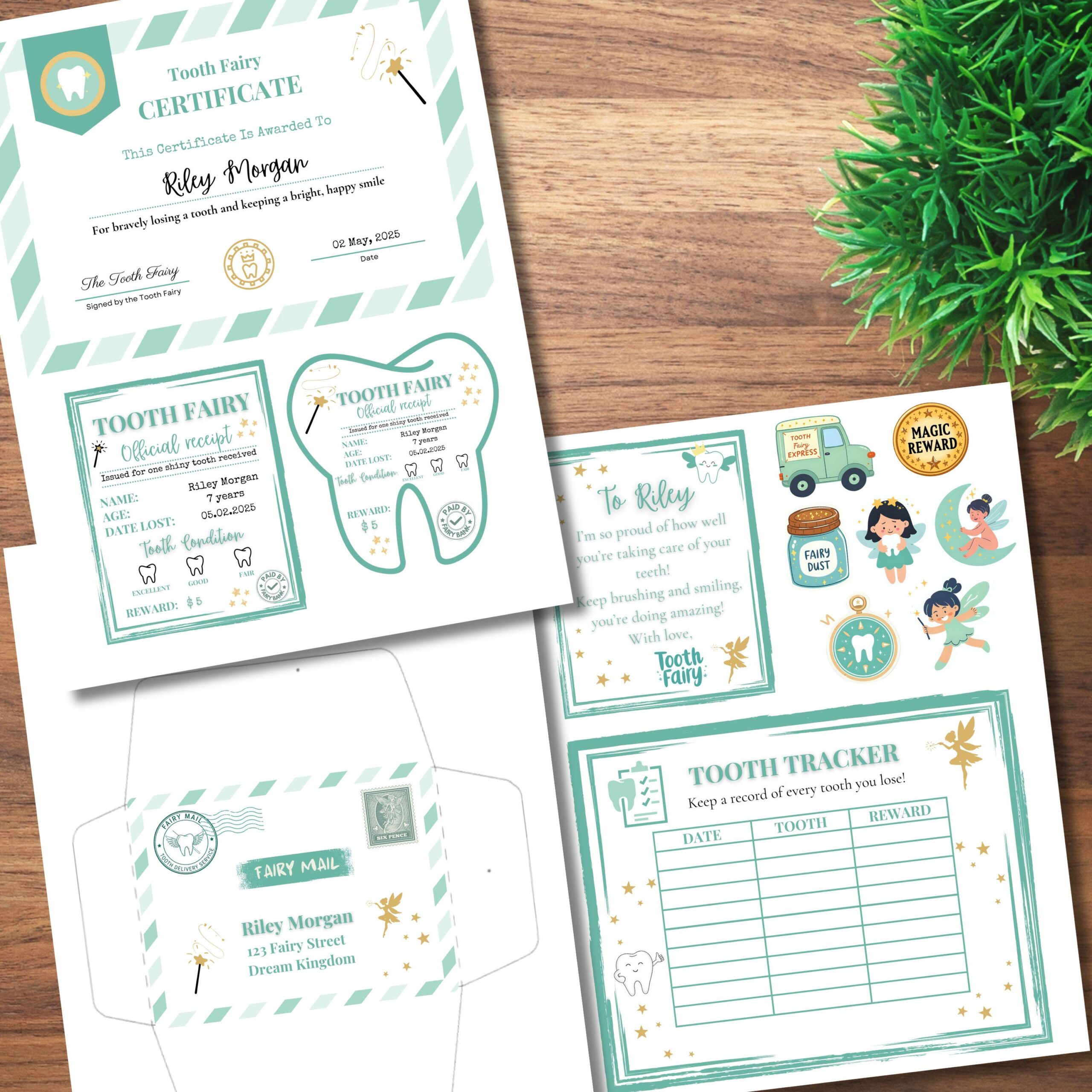 Editable Tooth Fairy Kit for Kids – Certificate, Receipts, Letter, Tracker, Envelope, Stickers Neutral Mint - Image 2