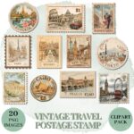 Vintage World Travel Stamp Clipart Set for Junk Journals, Scrapbooking & Wanderlust Crafts