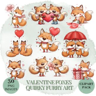 Quirky Furry Valentine Fox Duo Clipart Bundle | Romantic Sketch Animals Set