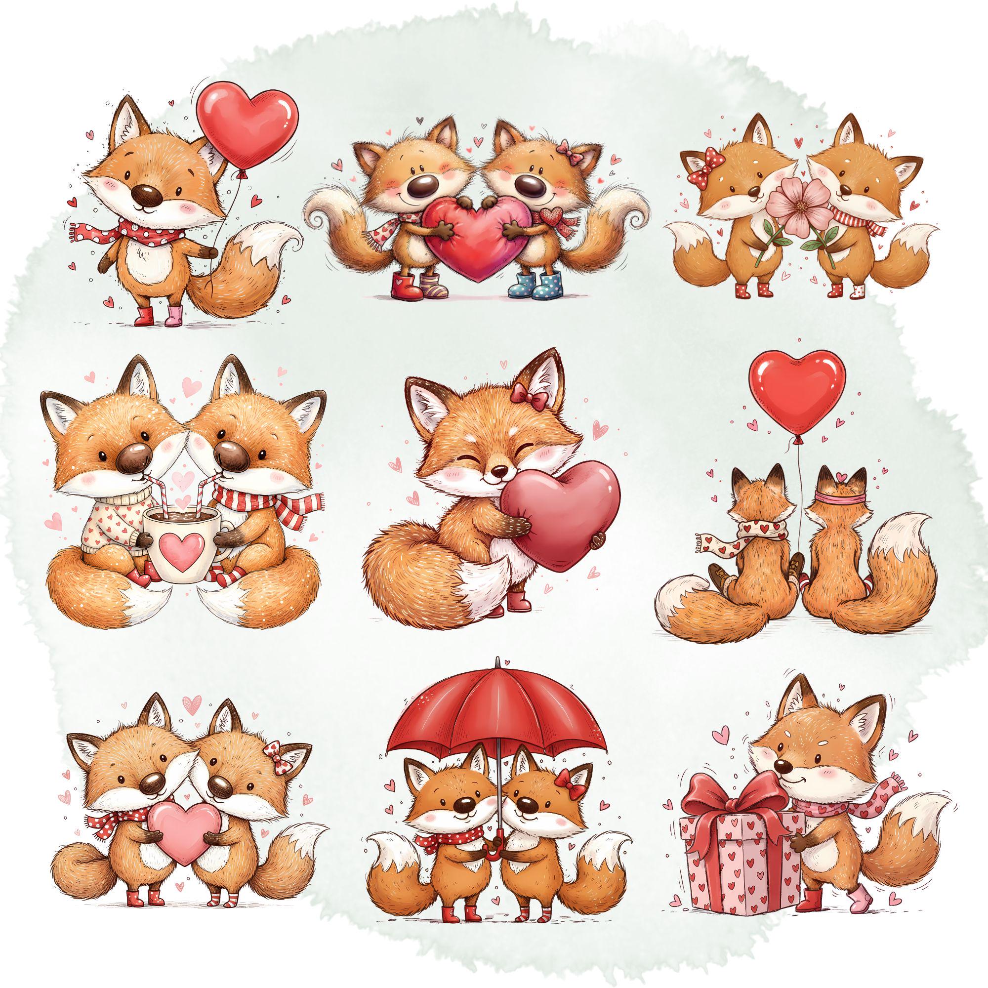 Quirky Furry Valentine Fox Duo Clipart Bundle | Romantic Sketch Animals Set - Image 3