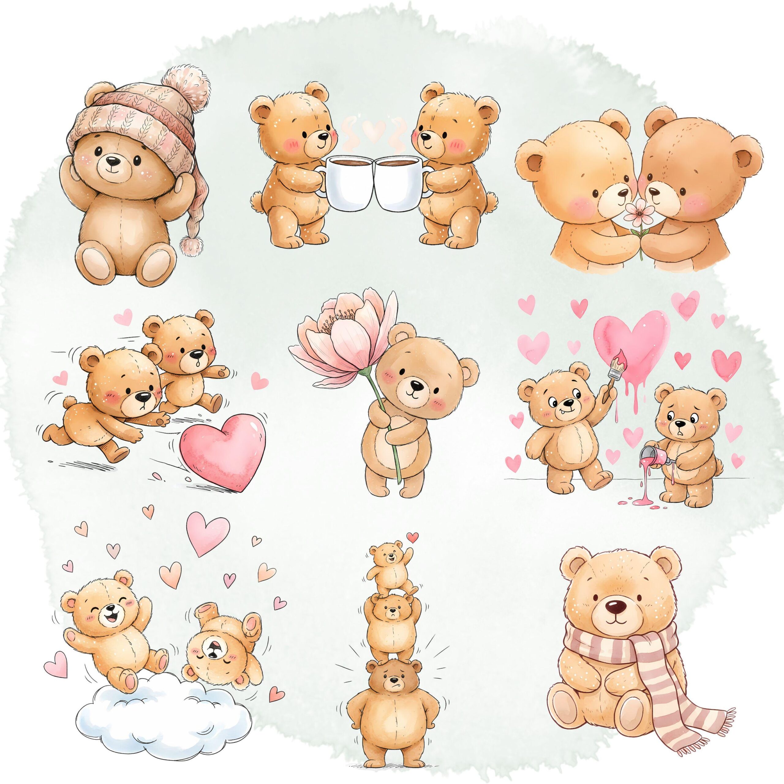 30 Whimsical Teddy Bear Valentine Clipart | Watercolor Bears PNG | Romantic Sketch Bundle - Image 3