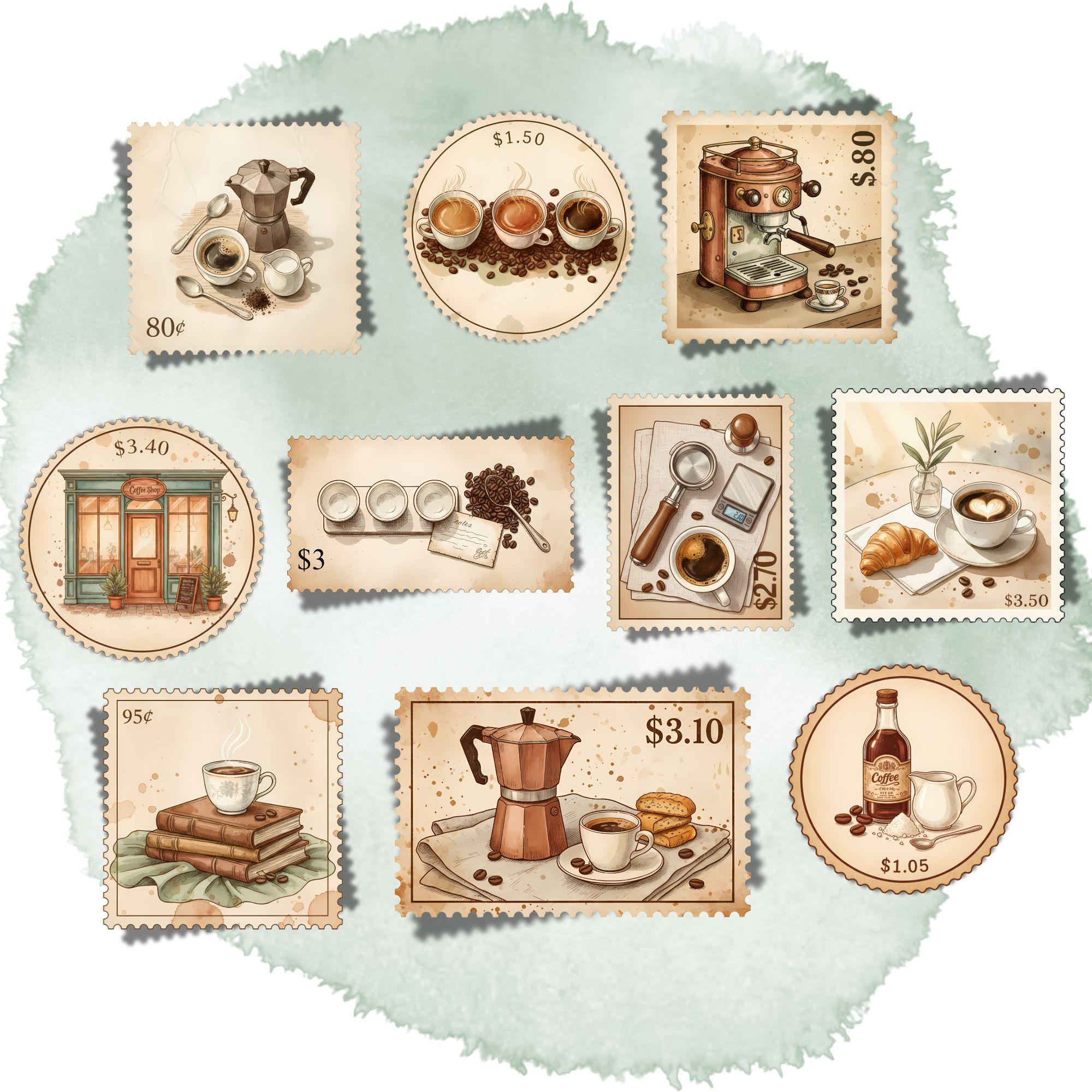 Vintage Boho Coffee Stamp Clipart Set with Cozy Café Scenes Barista Tools and Designs for Creative Journaling - Image 2
