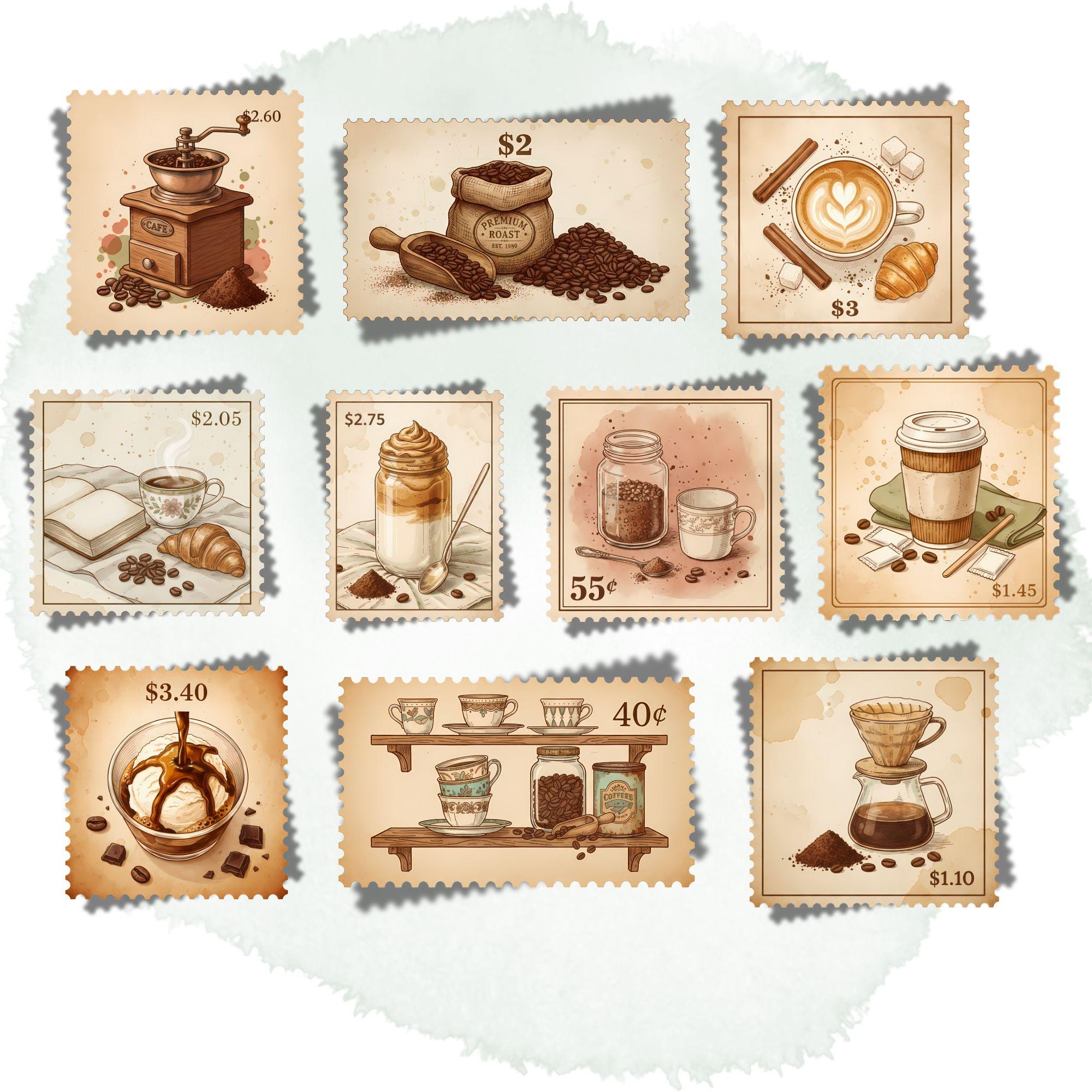 Vintage Boho Coffee Stamp Clipart Set with Cozy Café Scenes Barista Tools and Designs for Creative Journaling - Image 3