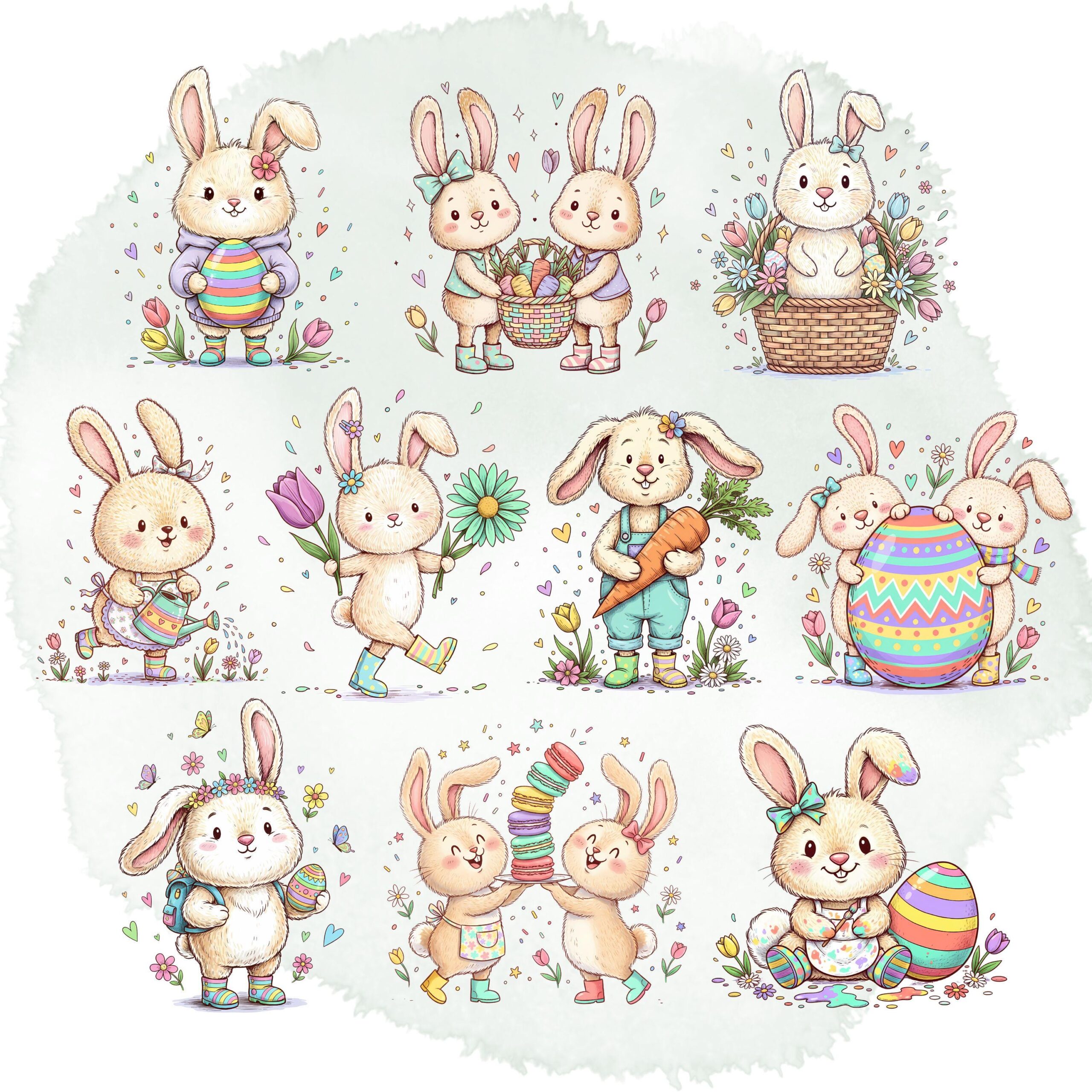 Vibrant Pastel Easter Clipart Set | Quirky Spring Rabbits, Eggs, Baskets & Elements - Image 3