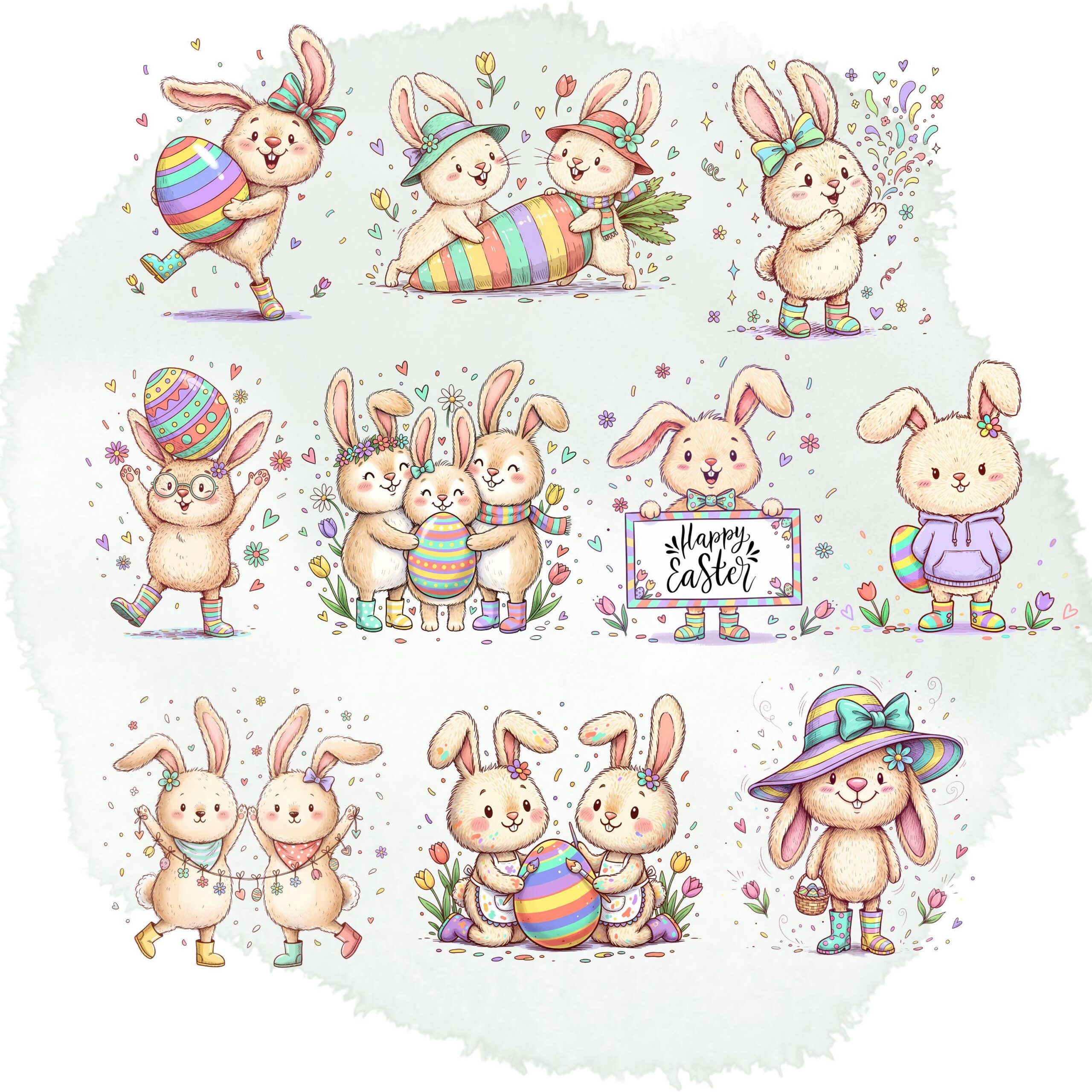 Vibrant Pastel Easter Clipart Set | Quirky Spring Rabbits, Eggs, Baskets & Elements - Image 2