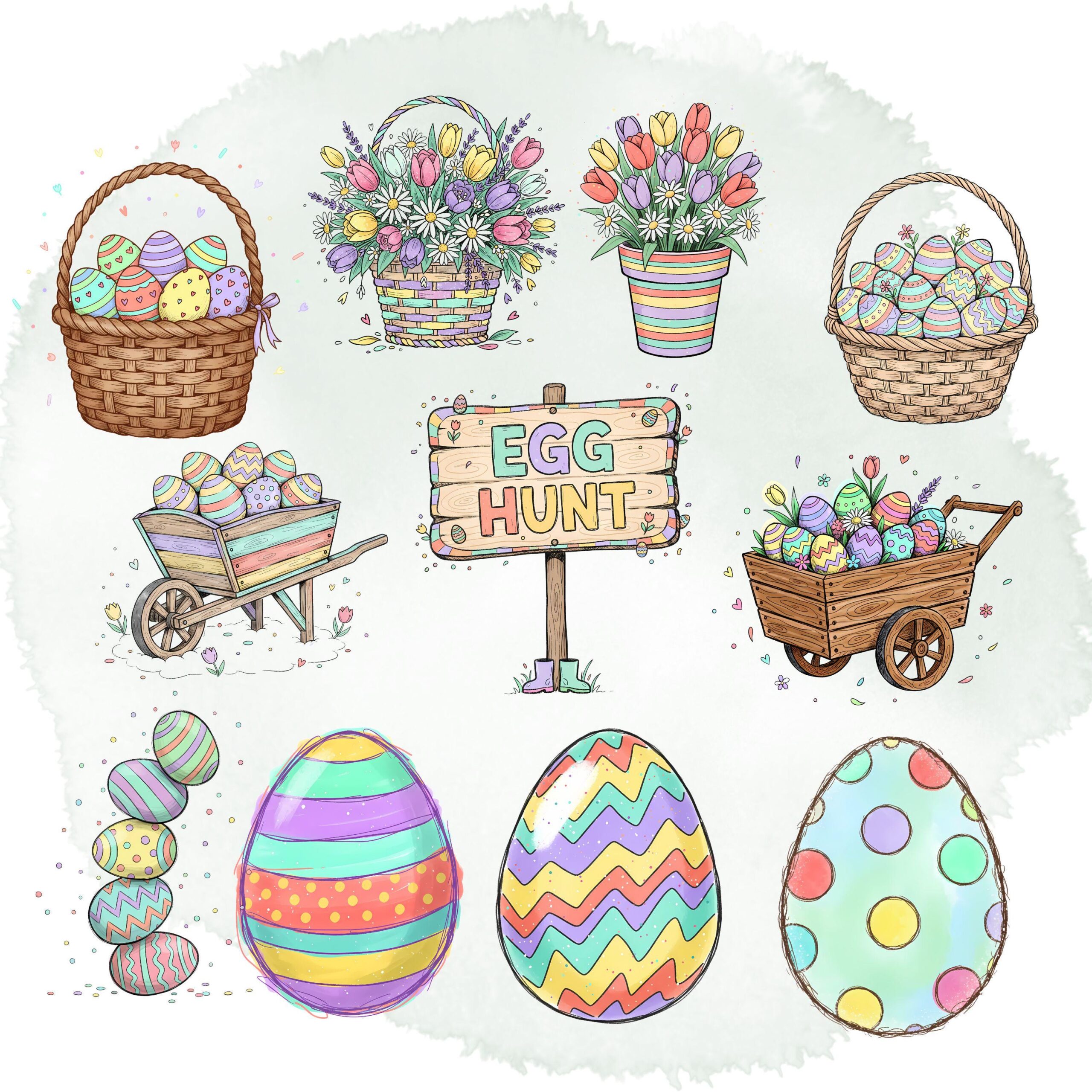 Vibrant Pastel Easter Clipart Set | Quirky Spring Rabbits, Eggs, Baskets & Elements - Image 5