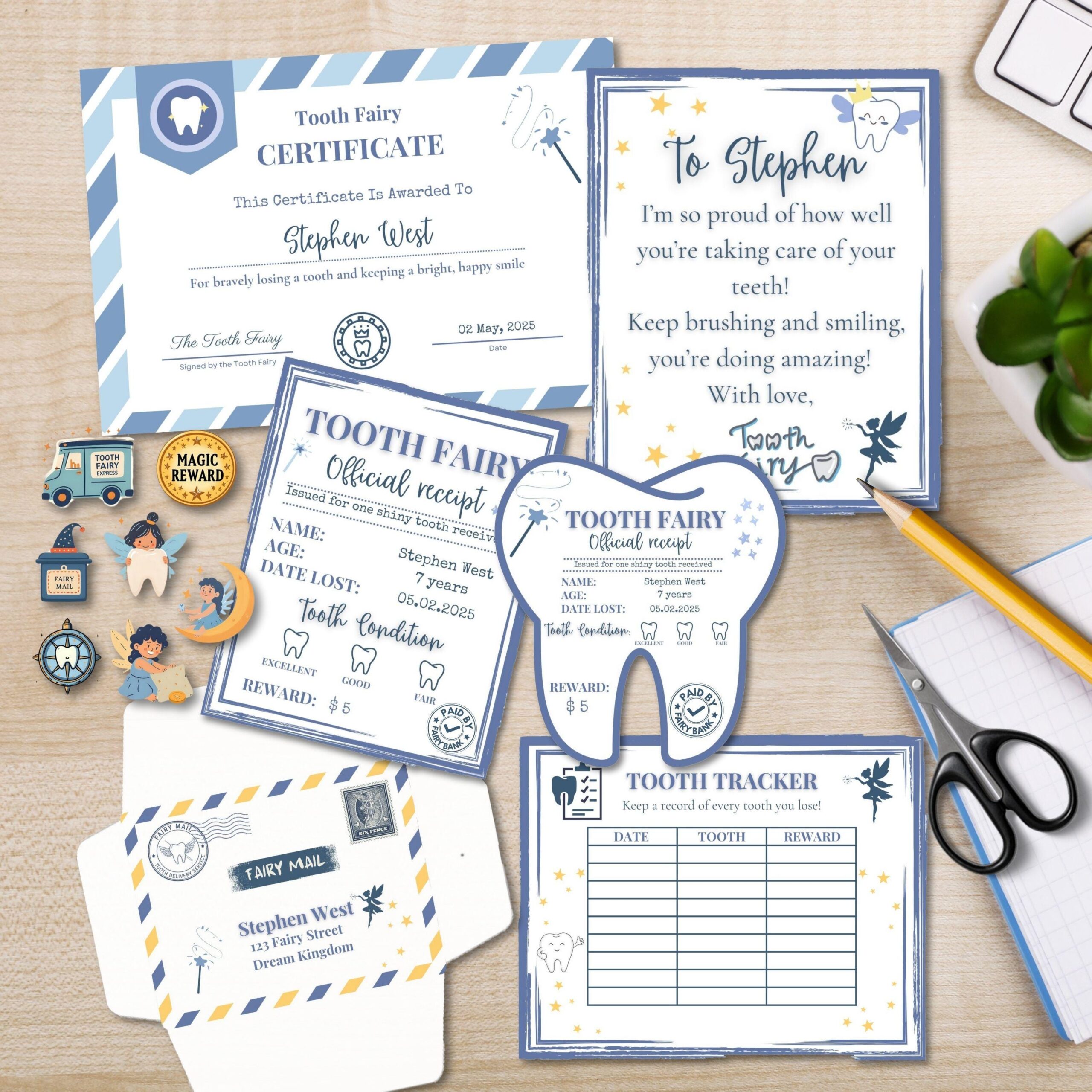 Editable Tooth Fairy Kit for Kids – Certificate, Receipts, Letter, Tracker, Envelope, Stickers for boys