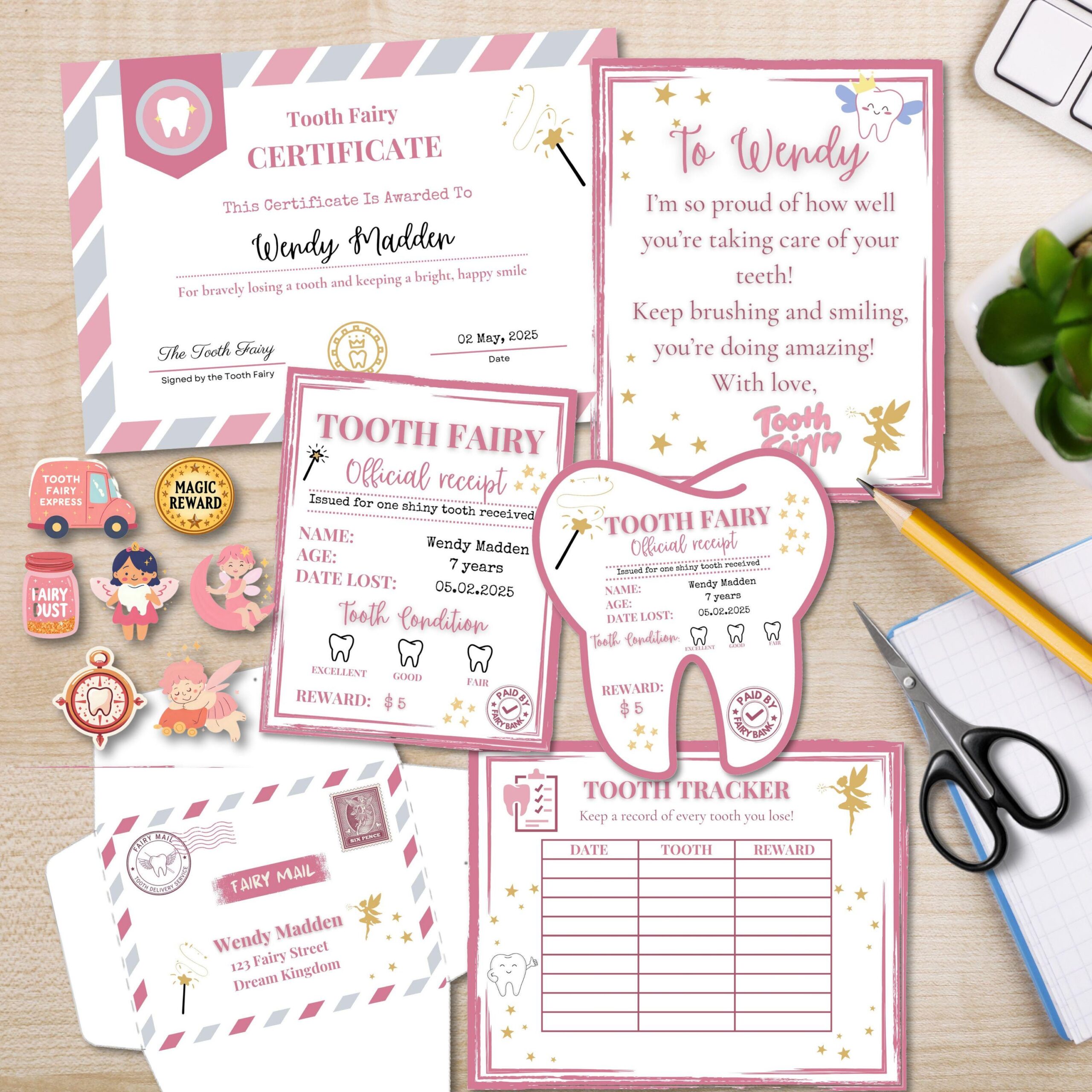 Editable Tooth Fairy Kit for Kids – Certificate, Receipts, Letter, Tracker, Envelope, Stickers for girls