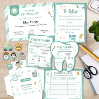 Editable Tooth Fairy Kit for Kids – Certificate, Receipts, Letter, Tracker, Envelope, Stickers Neutral Mint