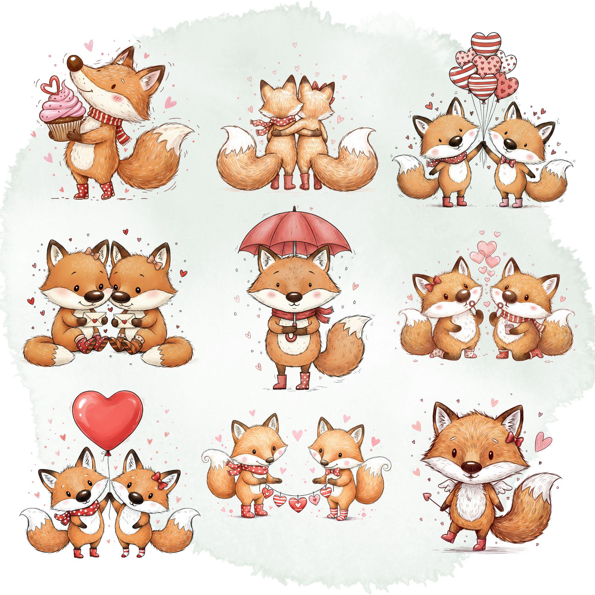 Quirky Furry Valentine Fox Duo Clipart Bundle | Romantic Sketch Animals Set - Image 4