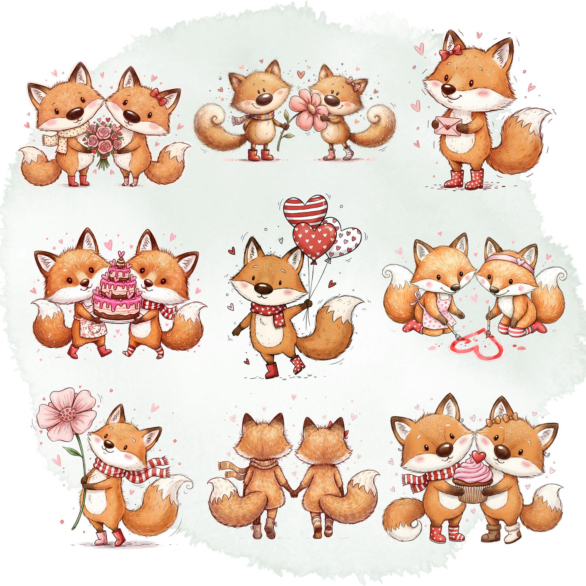 Quirky Furry Valentine Fox Duo Clipart Bundle | Romantic Sketch Animals Set - Image 2
