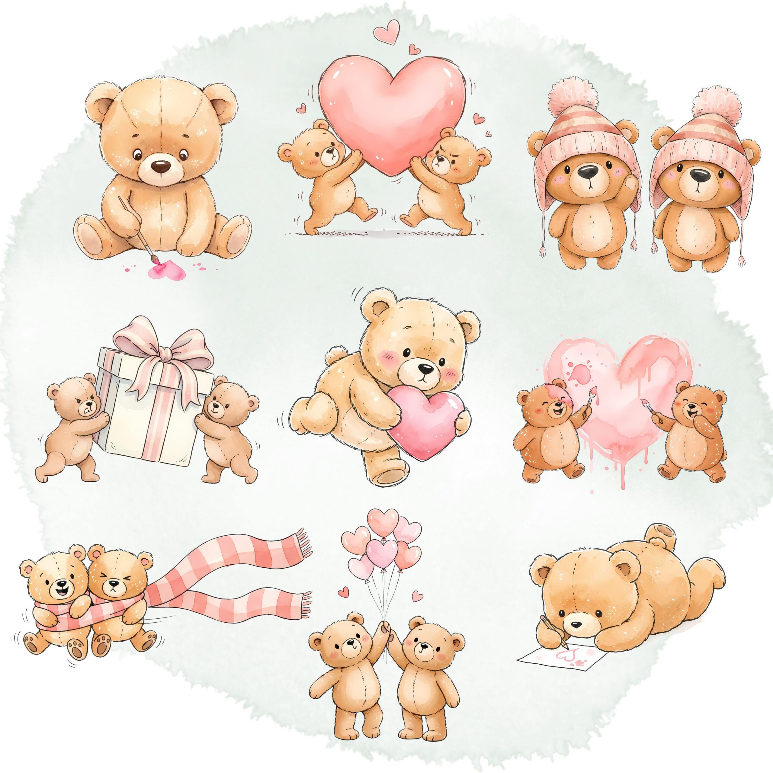 30 Whimsical Teddy Bear Valentine Clipart | Watercolor Bears PNG | Romantic Sketch Bundle - Image 2