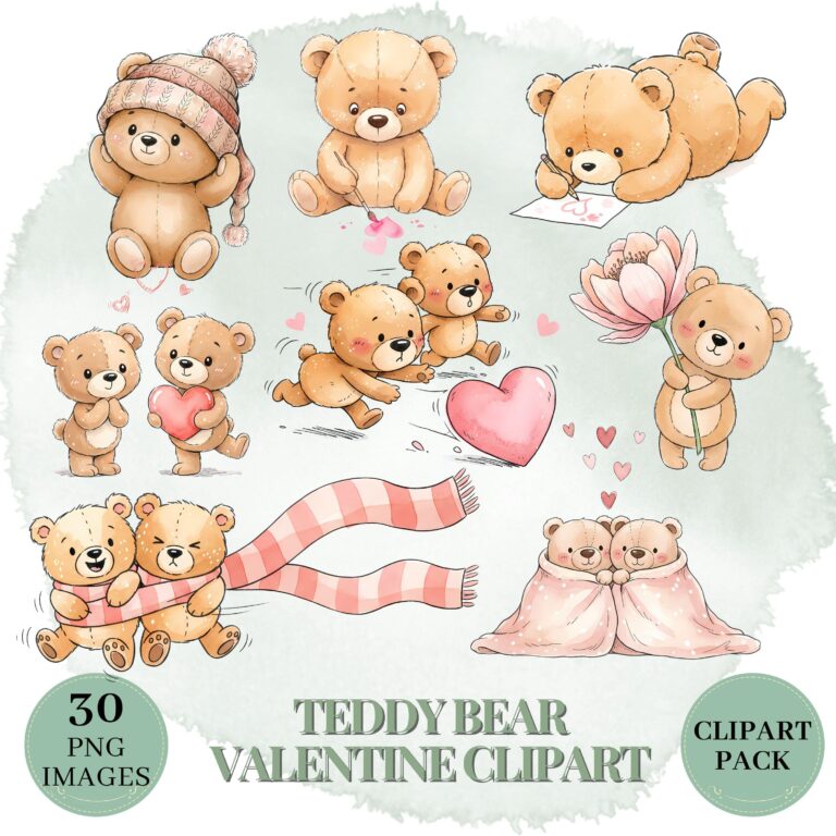 30 Whimsical Teddy Bear Valentine Clipart | Watercolor Bears PNG | Romantic Sketch Bundle