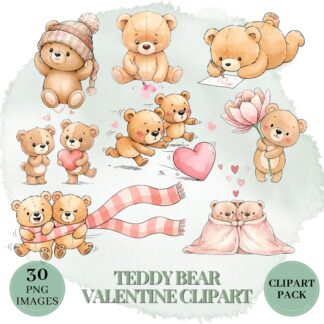 30 Whimsical Teddy Bear Valentine Clipart | Watercolor Bears PNG | Romantic Sketch Bundle
